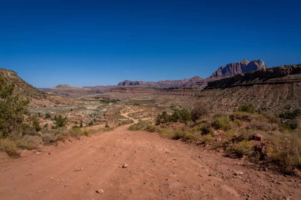 Dirt road on BLM land in Utah near Zion National Park with red cliff formations in background.